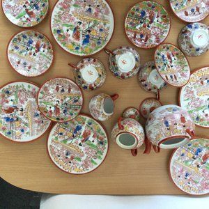18pcs Vintage Japanese porcelain geisha teapot, creamer, bowl, cups, plates